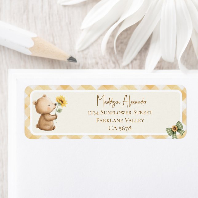 Boho Sunflower Brown Bear Return Address Label (Insitu)