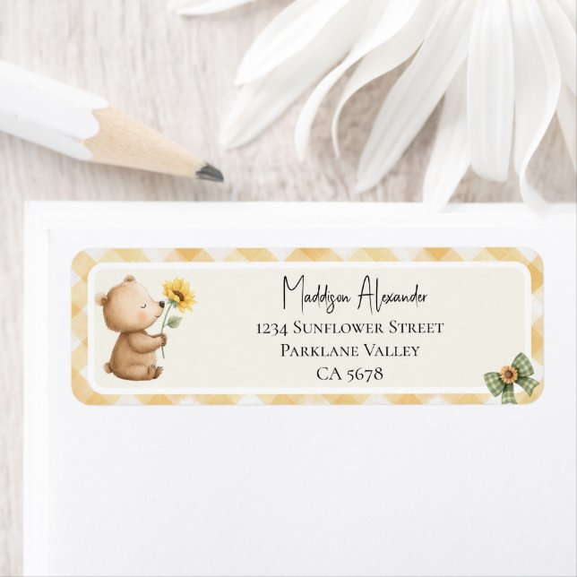 Boho Sunflower Brown Bear Return Address Label (Insitu)