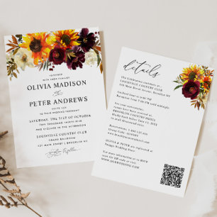 Boho Sunflower Burgundy Floral All in One Wedding Invitation