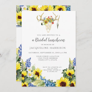 BOHO Sunflower Deer Skull Antlers Bridal Luncheon Invitation