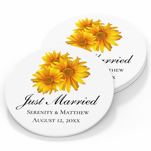 Boho Sunflower Elegant Floral Just Married Wedding Round Paper Coaster (Creator Uploaded)