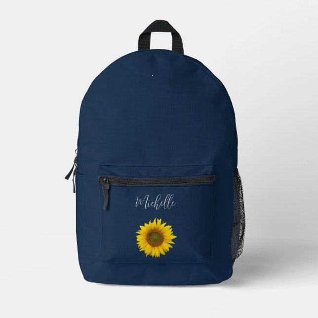 Boho Sunflower Elegant Personalised Navy Blue Printed Backpack (Front)