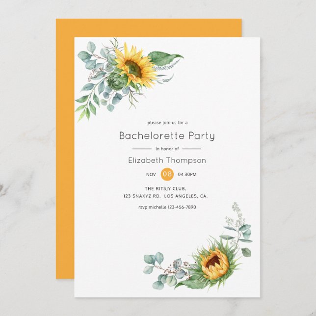 Boho Sunflower Eucalyptus Bachelorette Party Invitation (Front/Back)