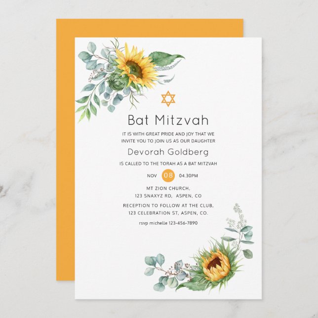 Boho Sunflower Eucalyptus Bat Mitzvah Invitation (Front/Back)