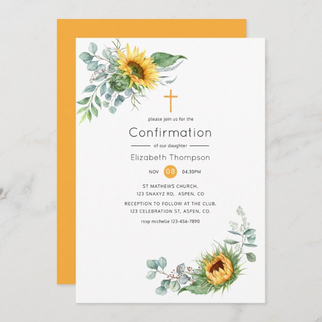 Boho Sunflower Eucalyptus Confirmation Invitation (Front/Back)