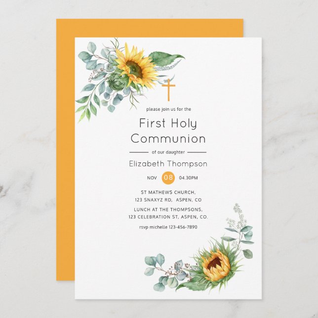 Boho Sunflower Eucalyptus Holy Communion Invitation (Front/Back)