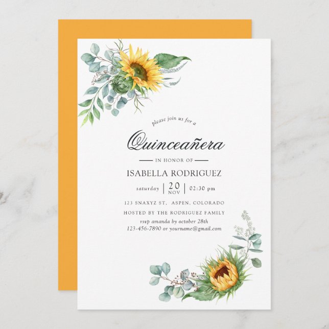 Boho Sunflower Eucalyptus Quinceañera Invitation (Front/Back)