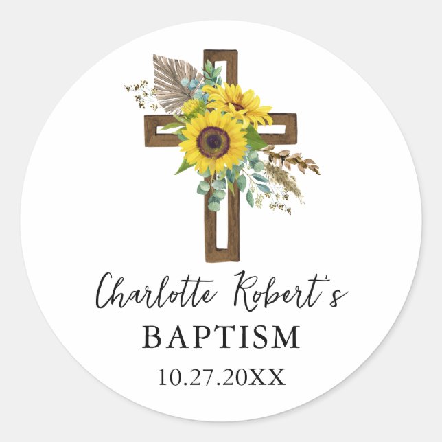 Boho Sunflower & Eucalyptus Rustic Cross Baptism Classic Round Sticker (Front)