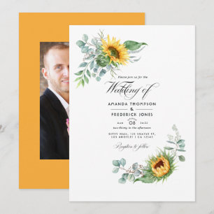 Boho Sunflower Eucalyptus Wedding Photo Invitation