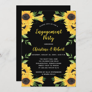 Boho Sunflower Floral   Black Engagement Party  Invitation