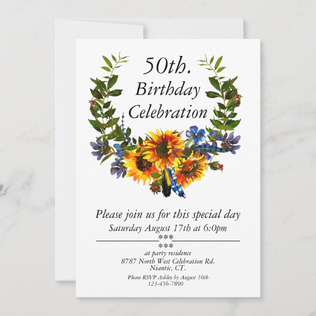 Boho Sunflower Floral Customisable 50th Birthday Invitation (Front)