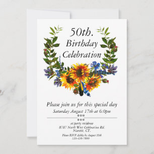 Boho Sunflower Floral Customisable 50th Birthday Invitation