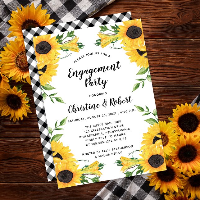 Boho Sunflower Floral | Green Engagement Party  In Invitation (Sunflowers and Black and White Checks Engagement Party Invitation - Print | Digital Download)