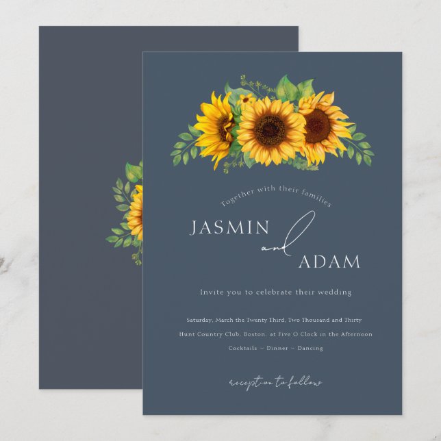 Boho Sunflower Floral Slate Blue Wedding Invitation (Front/Back)