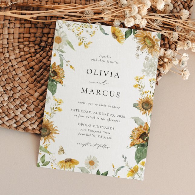 Boho Sunflower Golden Rays Floral Elegant Wedding Invitation (Front)