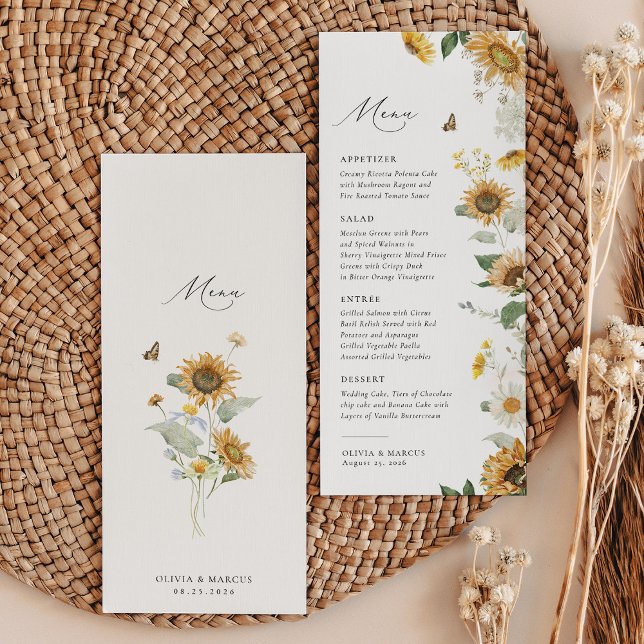 Boho Sunflower Golden Rays Floral Elegant Wedding Menu (Back/Front)