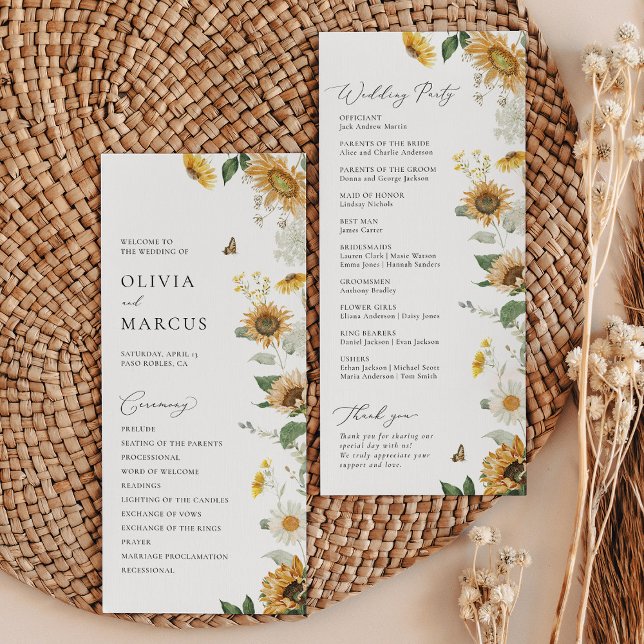 Boho Sunflower Golden Rays Floral Elegant Wedding Program (Creator Uploaded)