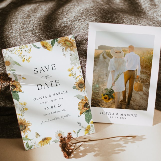 Boho Sunflower Golden Rays Floral Elegant Wedding Save The Date (Front/Back)