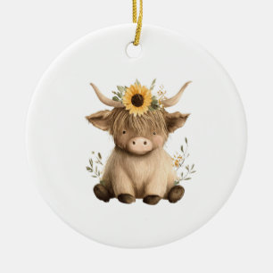 Boho Sunflower Highland Cow Ceramic Ornament