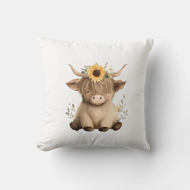 Boho Sunflower Highland Cow Cushion (Front)