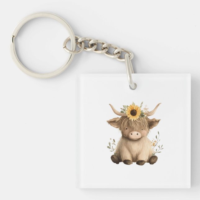 Boho Sunflower Highland Cow Key Ring (Front)