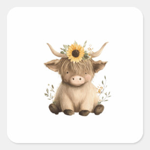 Boho Sunflower Highland Cow Square Sticker