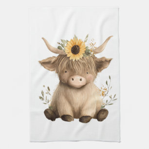 Boho Sunflower Highland Cow Tea Towel