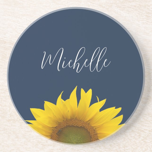 Boho Sunflower Navy Blue Elegant Floral Coaster (Front)