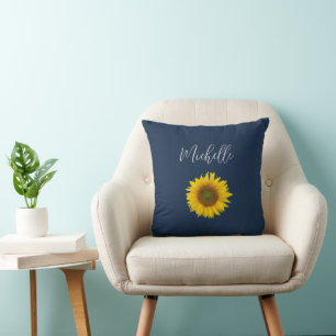 Boho Sunflower Navy Blue Elegant Floral Cushion