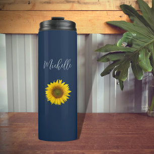 Boho Sunflower Navy Blue Elegant Personalised Thermal Tumbler
