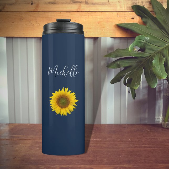 Boho Sunflower Navy Blue Elegant Personalised Thermal Tumbler (Creator Uploaded)