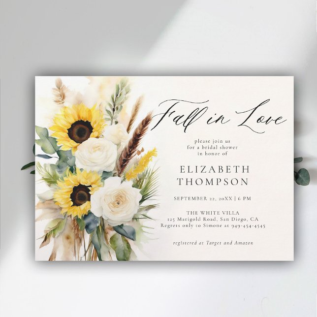 Boho Sunflower Rose Pampas Rustic Bridal Shower Invitation (fall in love bridal shower invitation sunflower boho pampas terracotta watercolor elegant modern )