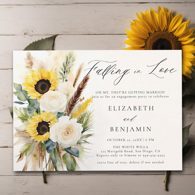 Boho Sunflower Rose Pampas Rustic Engagement Party Invitation (fall engagement party invitation rustic sunflower rose boho pampas dry grass watercolor elegant rust)