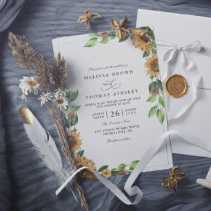 Boho Sunflower Rustic Elegant QR Code Wedding Invitation