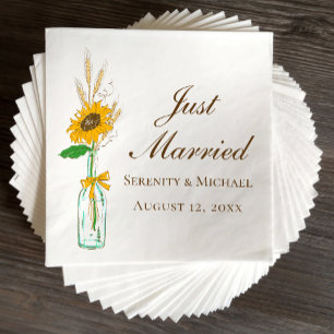 Boho Sunflower Rustic Floral Just Married Wedding Napkin
