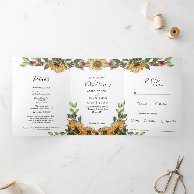 Boho Sunflower Rustic Wildflower Wedding Tri-Fold Invitation (Inside)