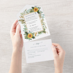 Boho Sunflower Sage Greenery Wedding All In One Invitation