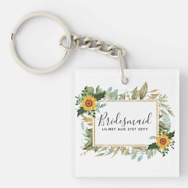 Boho Sunflower Sage Greenery Wedding Key Ring (Front)