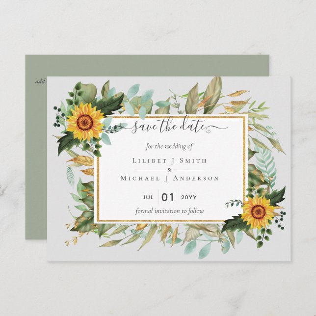 Boho Sunflower Sage Greenery Wedding Postcard (Front/Back)