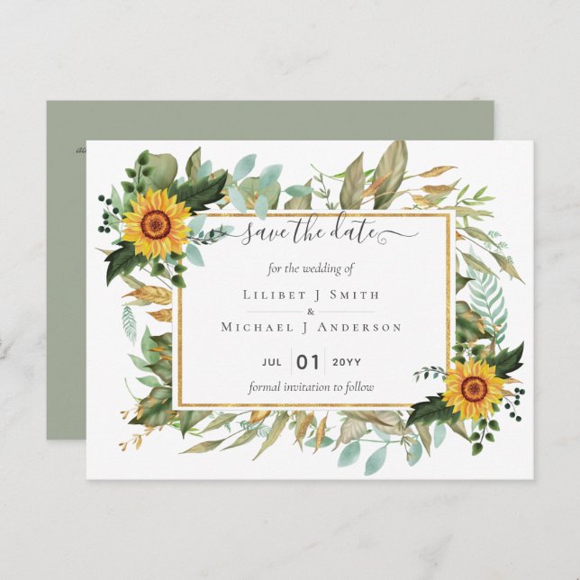 Boho Sunflower Sage Greenery Wedding Postcard (Front/Back)