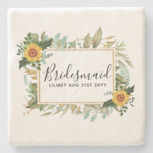 Boho Sunflower Sage Greenery Wedding Stone Coaster