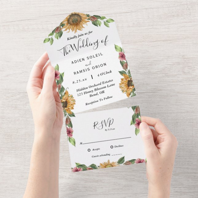 Boho Sunflower Simple RSVP Wedding All In One Invitation (Tearaway)