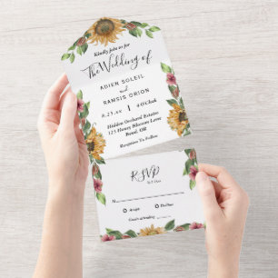 Boho Sunflower Simple RSVP Wedding All In One Invitation