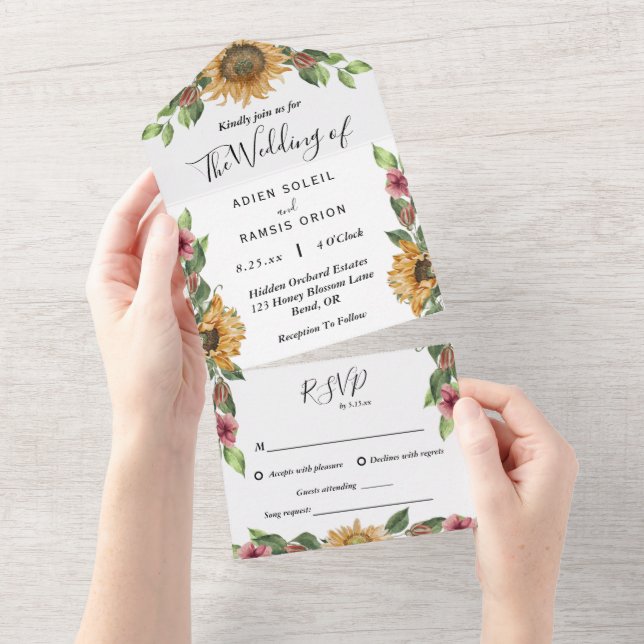 Boho Sunflower Song Request RSVP Wedding All In One Invitation (Tearaway)