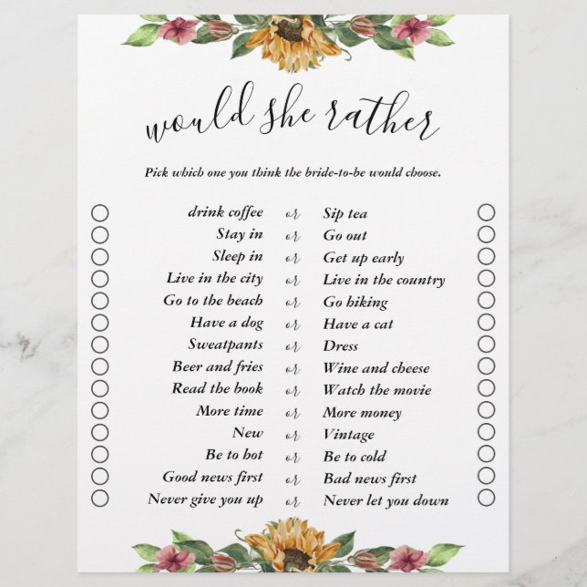 Boho Sunflower Two Sided Bingo Bridal Shower Games (Front)