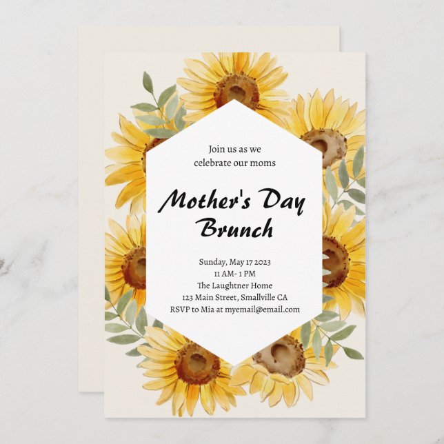 Boho Sunflower Watercolor Mother's Day Brunch  Invitation (Front/Back)