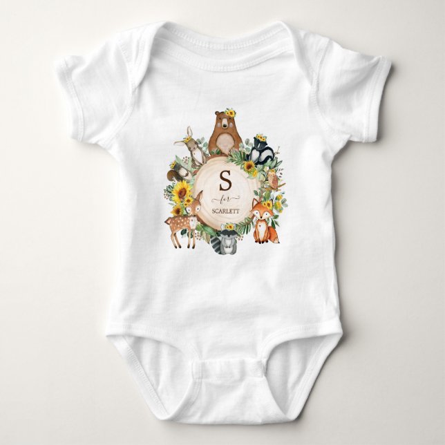 Boho Sunflower Woodland Animals Custom Monogram Baby Bodysuit (Front)