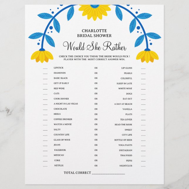 Boho Sunflower Would She Rather Bridal Shower Game Flyer (Front)