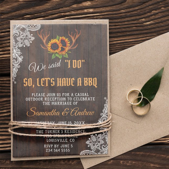 Boho Sunflowers Antlers Wedding I DO BBQ Invitation (We said I DO after wedding party, rustic, trendy wedding invitation)