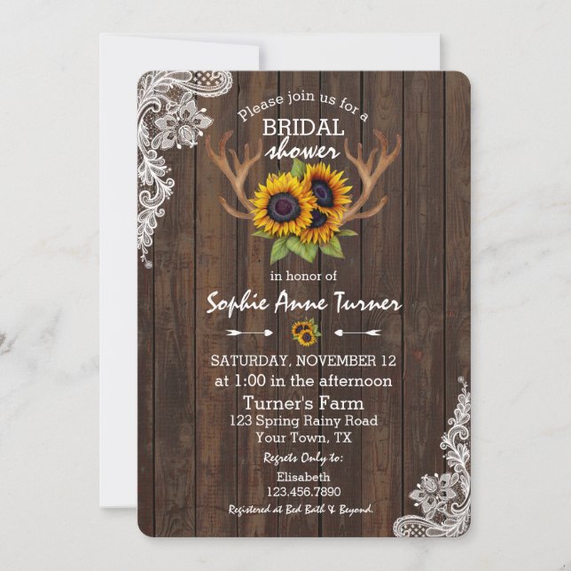 Boho Sunflowers Antlers Wood Lace Bridal Shower Invitation (Front)